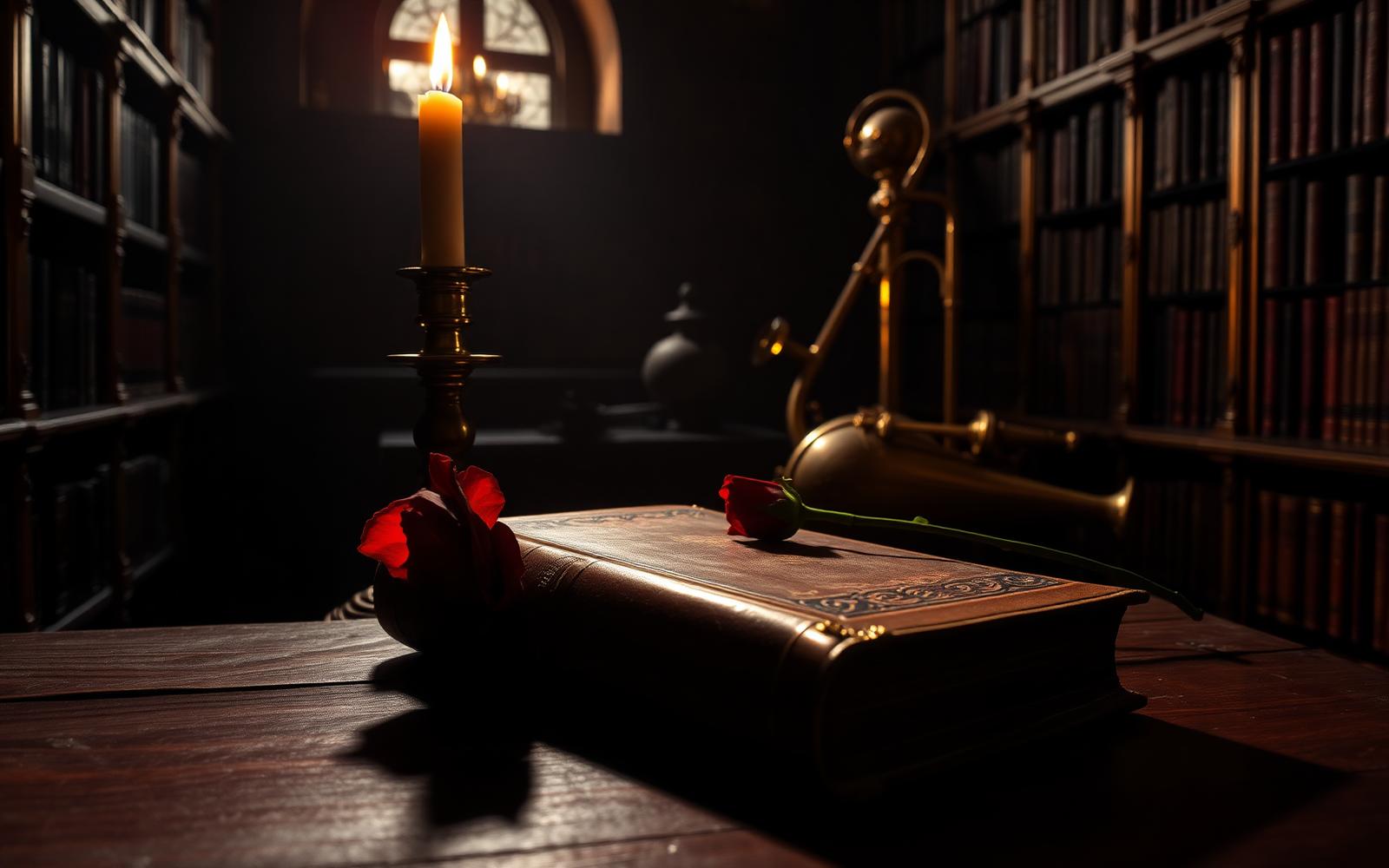 Candlelit reading room with a leather-bound book and a single red rose